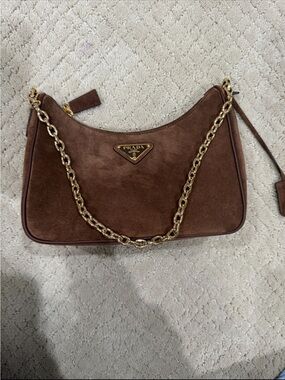 Prada Brown Suede Shoulder Bag with Gold Chain Strap